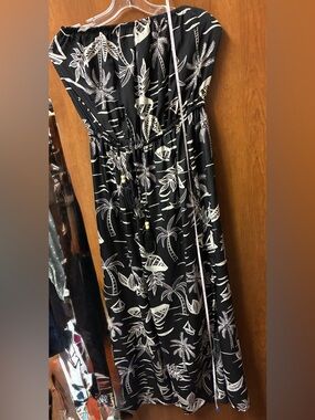 True Destinations Black Maxi Dress with White Tropical Print